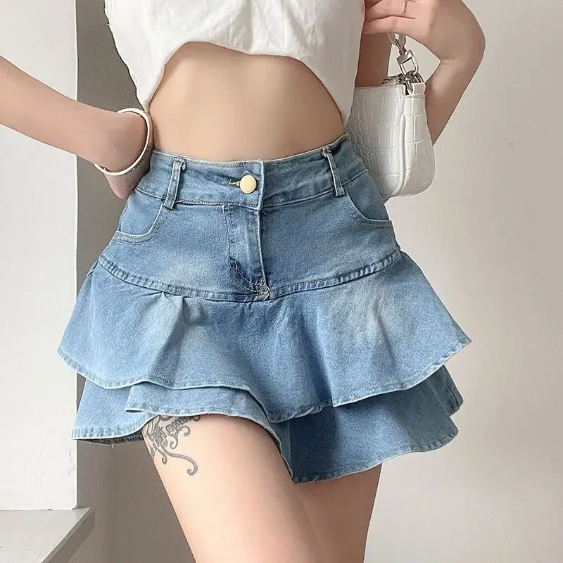 

2024 New Vintage Denim Skirt Shorts Women Summer Korean Fashion High Waist A-line Slim Cute Sexy Mini Jean Ruffle Skirt Female