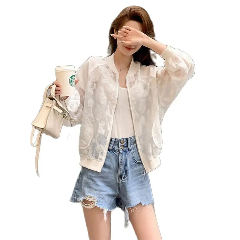

Women New Light Thin Breathable Refreshing White Pattern Gauze Jacket 2023 Female Korean Splicing Loose Sun-proof cCoat Cardigan