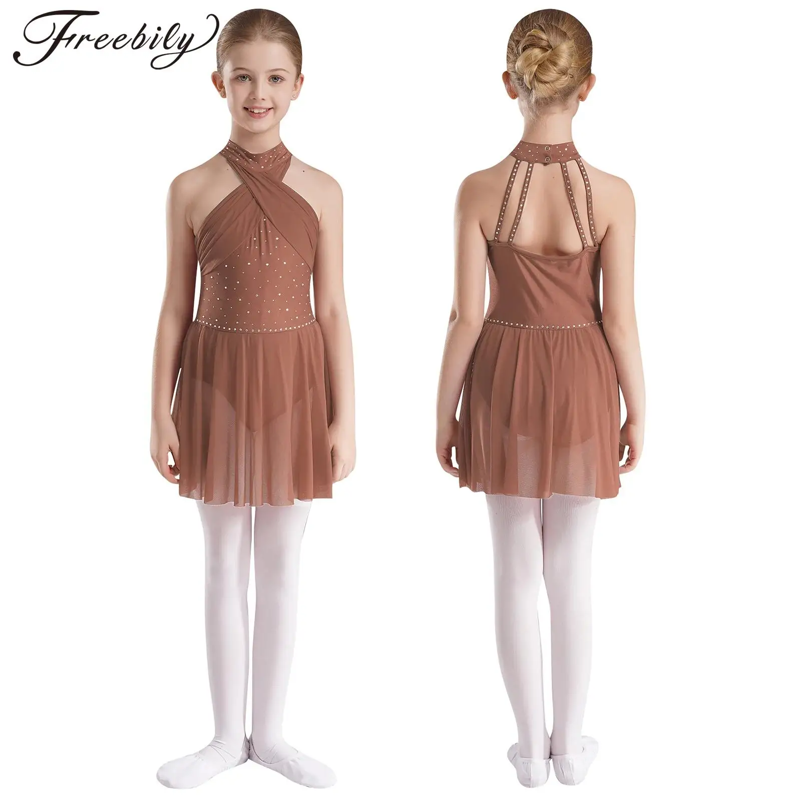 

Kids Girls Modern Lyrical Dance Dress Figure Skating Ballet Gymnastics Leotard Tutu Sleeveless Rhinestone Sheer Mesh Dancewear
