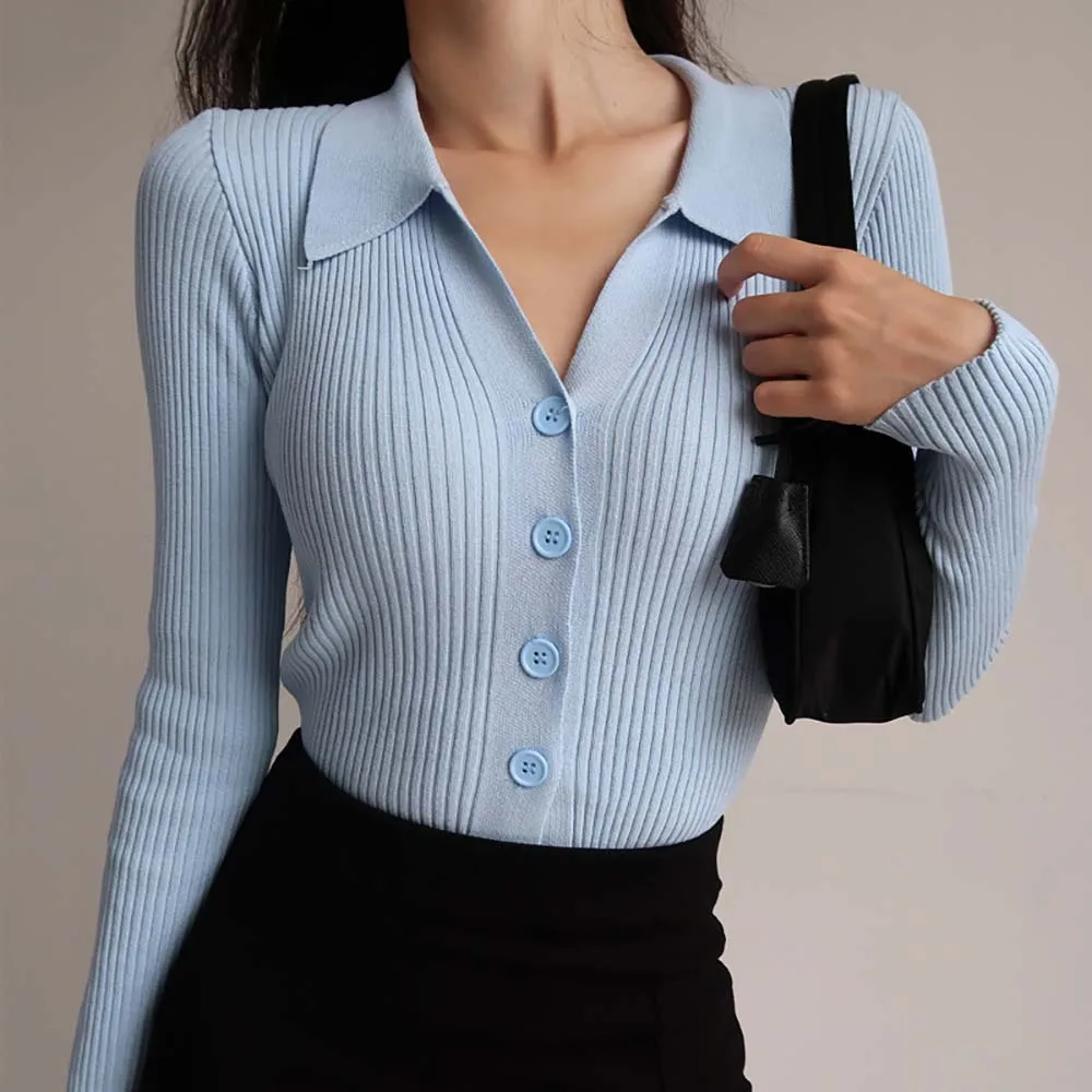 

Women Slim Ribbed Knit Fall Outfits Sweater Cardigan 2023 Ladoes Sky Blue Textured V-Neck Knitwear Long Sleeve Shirt Cardigan