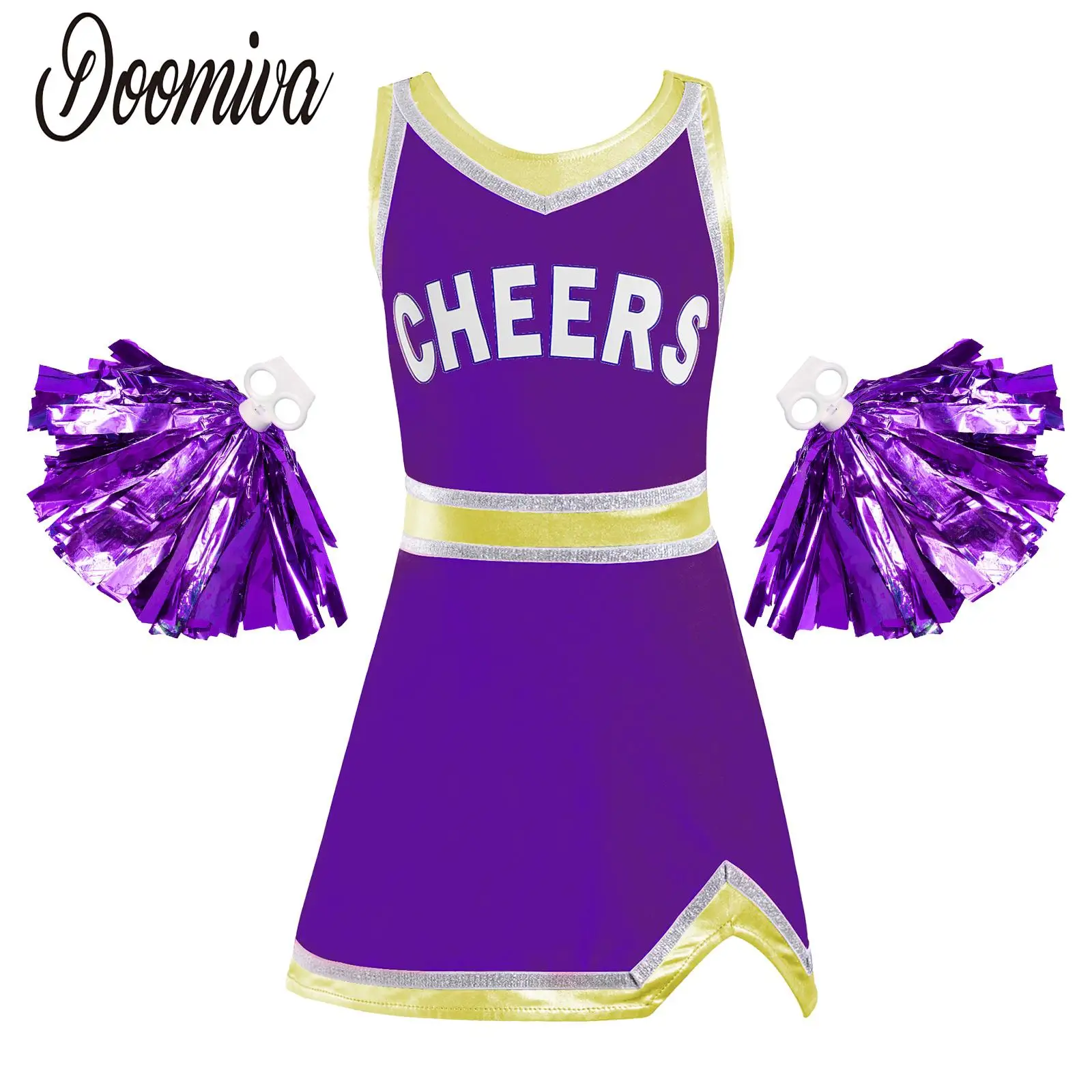 

Children Girls Cheer Cheerleading Outfits Schoolgirl Uniform Sleeveless Dress with 1 Pair Pompoms Carnival Party Dance Costume