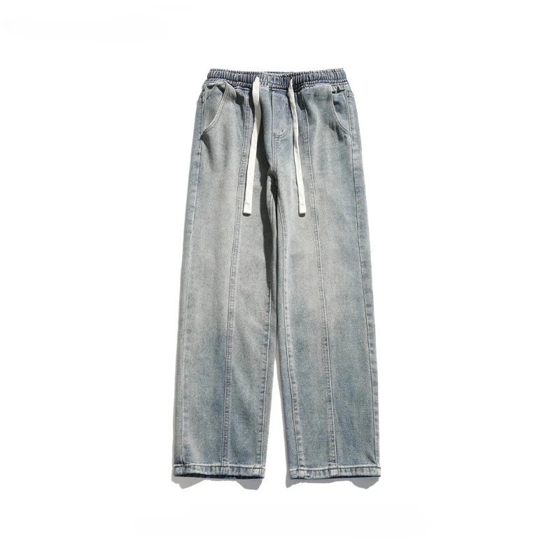 

Американские сверхпрочные потертые джинсы в стиле ретро, мужские уличные модные прямые повседневные джинсовые брюки в стиле хип-хоп с широкими штанинами