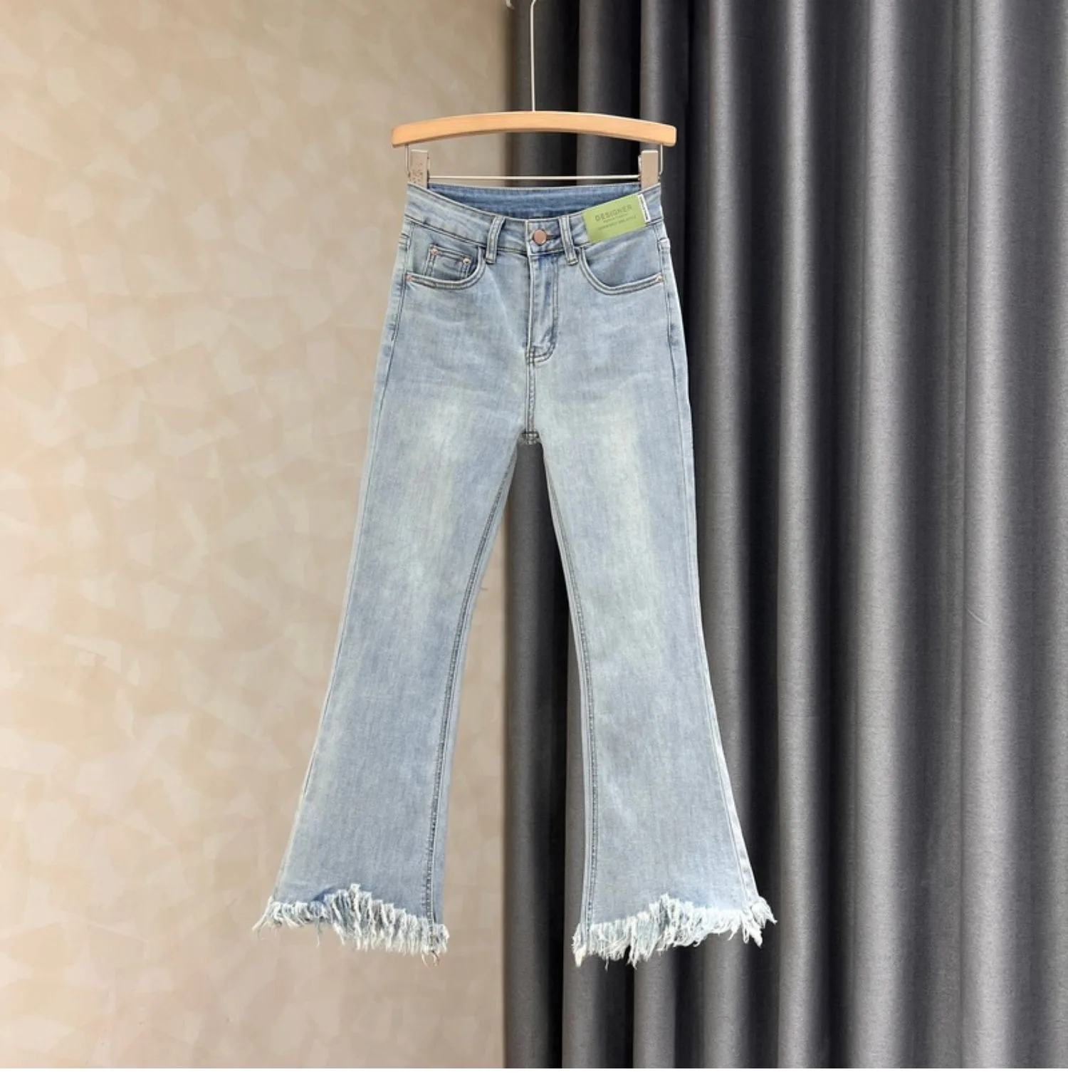 

Light Blue Flared Jeans For Women Spring Autumn New Raw Edge Tassel High Waisted Slim Fit Cropped Pants Casual Denim Trousers