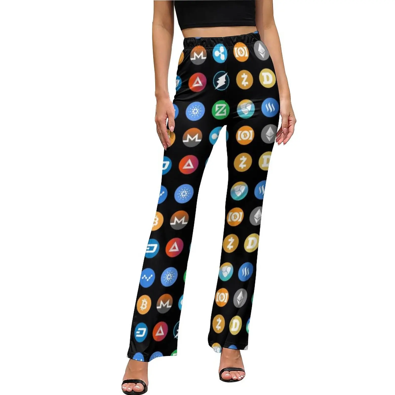 Crypto Bitcoin Blockchain Pants Virtual High Waist Curvy Streetwear Flare Women Yoga Trouser |