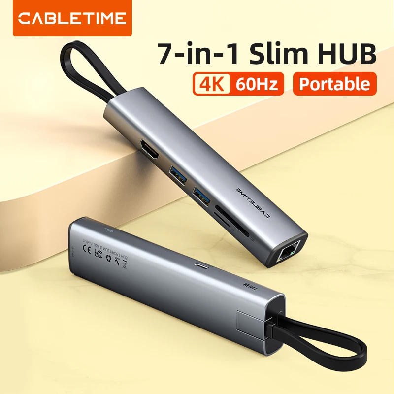 

CABLETIME 7 in 1 Slim USB C HUB Type C to 4K HDMI RJ45 1000Mbps PD 100W OTG SD TF Card Reader for PC MacBook Pro HUB Dock C432