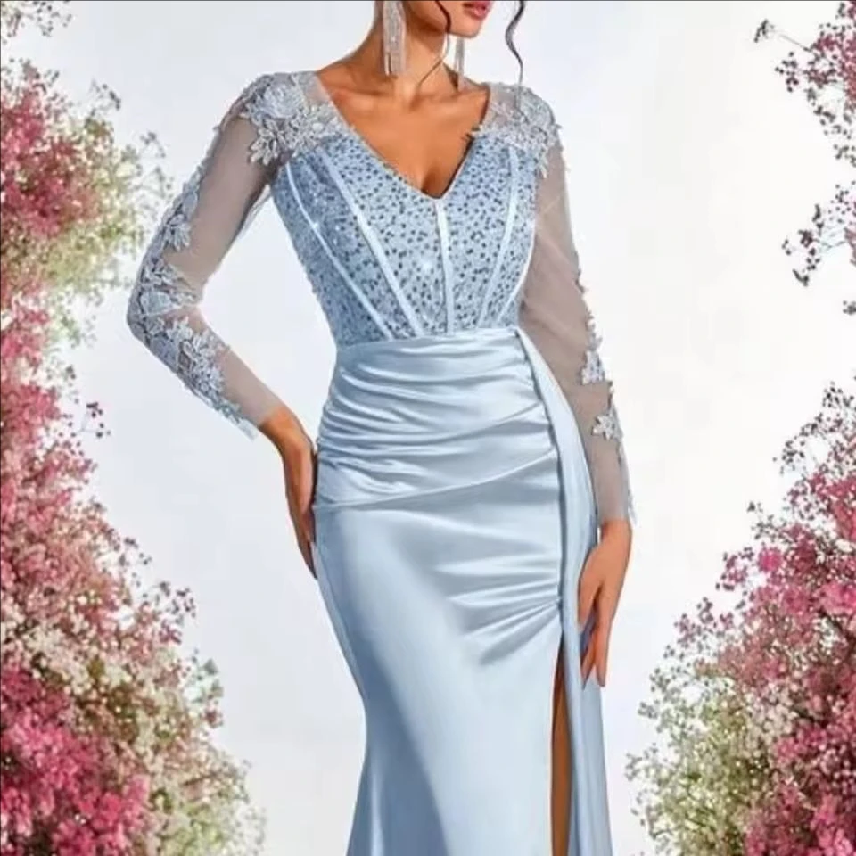 Customized Blue Party Dresses Sequins Flowers Embroidery Side Slit Long Sleeves Prom Dress Long Sleeves robes de soirée 2 Se566aafbac6047a89354c0d82f51137aI