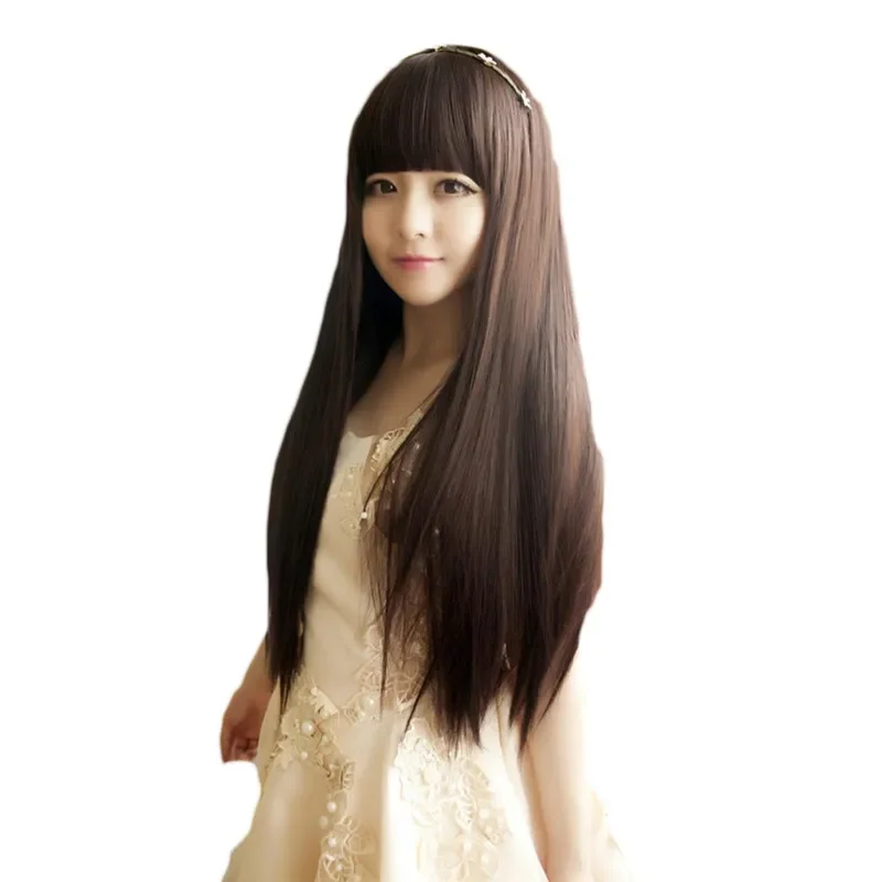 

long black wig with bangs brown Straight Wigs For Women Hair neat bang synthetic fiber cosplay