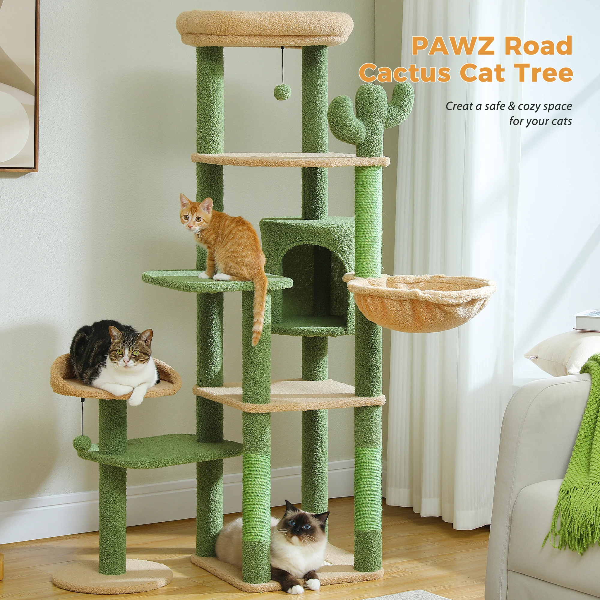 

Cactus Tall Cat Tree for Large Cat Multi-Level Cat Tower for Indoor Cats Cat Condo with Large Hammock Scratching Post 2 Perches