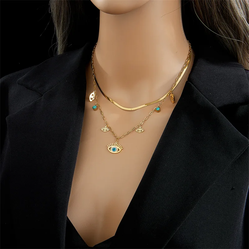 

European Style Retro Personality Minimalist Devil Eye Turquoise Pendant Necklace Stainless Steel Double Layer Clavicle Chain