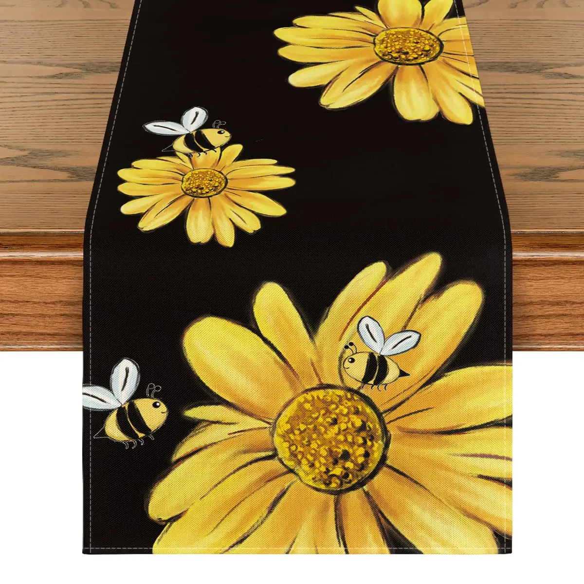 

Bee Sunflower Table Runner Black, Seasonal Flowers Holiday Kitchen Dining Table Decor for Home Party Decor 13 x 72 Inch