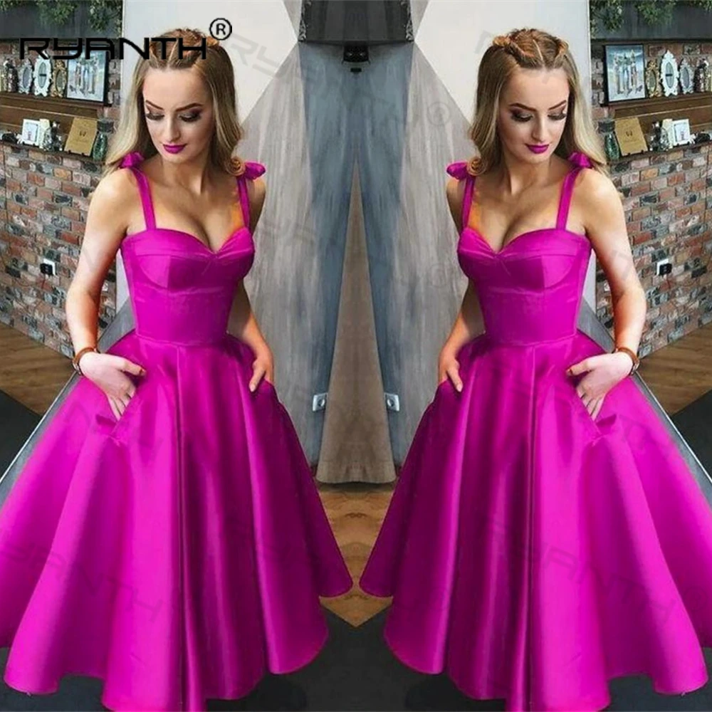 

Ryanth Fuchsia Satin Homecoming Dresses A Line Spaghetti Strap Short Prom Gowns Party Formal Girls Outfits Celebrity Dress