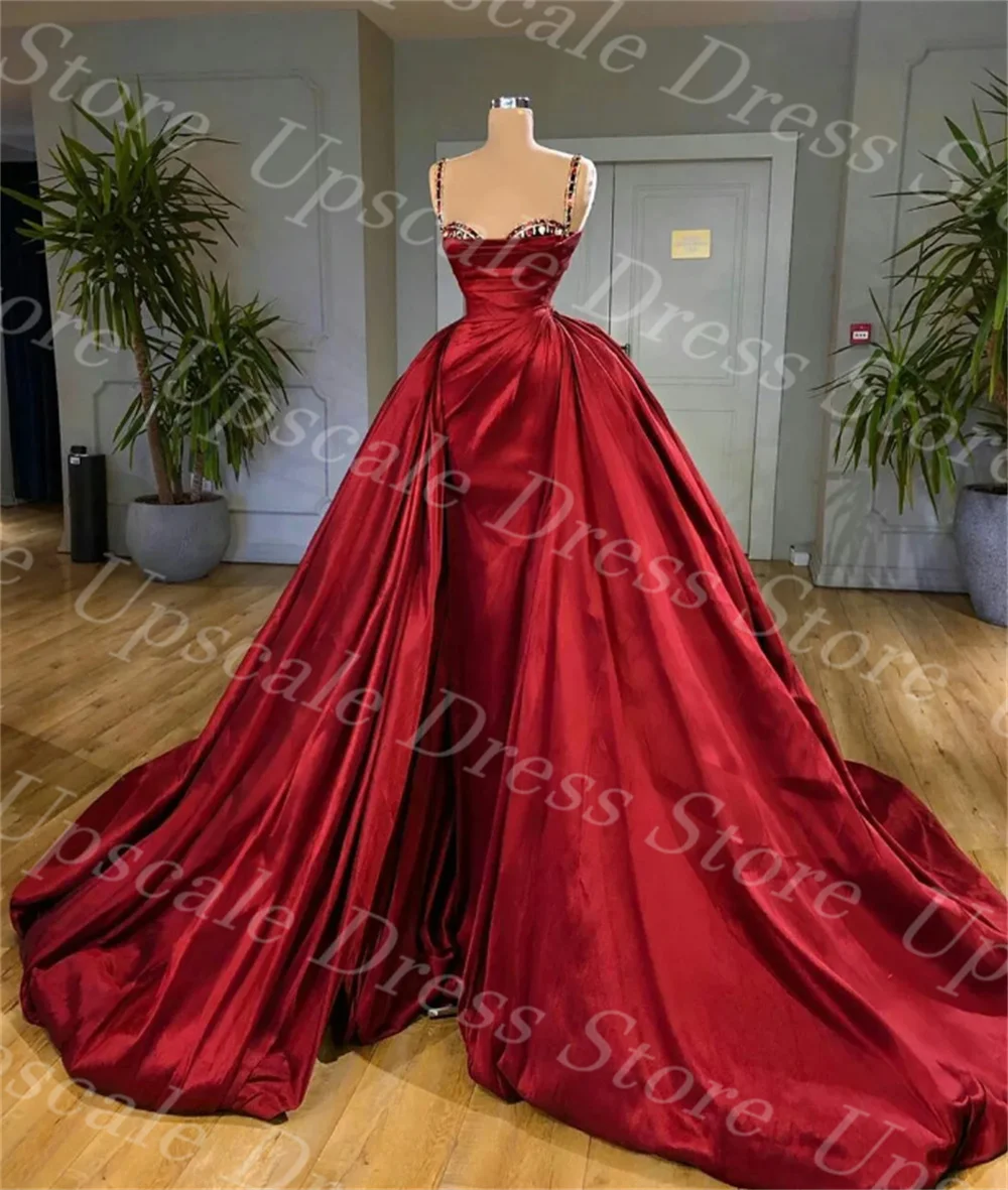 

Gorgeous Luxury Mermaid Red Prom Dresses With Detachable Train Taffeta 2024 Beaded Crystal Custom Formal Evening Gowns Dresses