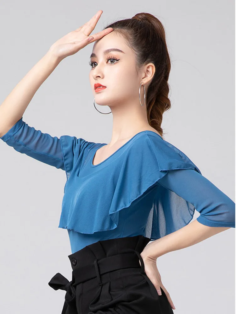

Solid Color Flamengo Girl Latin Dance Tops Competition Women Elegant Ruffle Top Practice Girls Slim Fit Line Costume Clothing