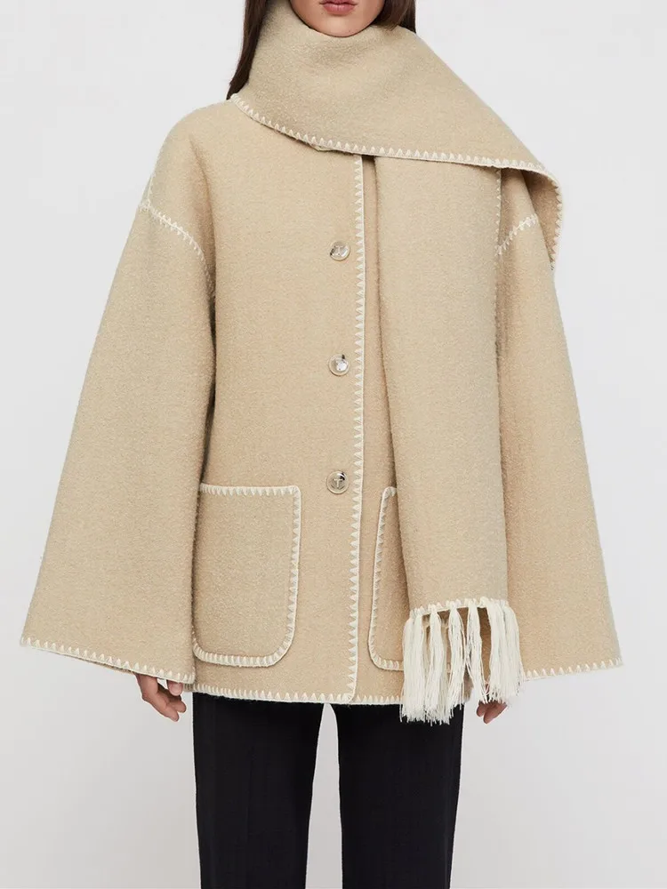 Women Fringe Scarf Collar Coat Double-sided Woolen Single Breasted Autumn Winter 2023 Loose Embroidery Trim Female Casual Jacket
Women Fringe Scarf Collar Coat Double-sided Woolen Single Breasted Autumn Winter 2023 Loose Embroidery Trim Female Casual Jacket