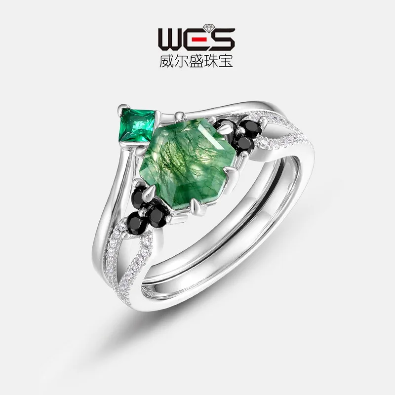 

Hot cut geometric natural water grass agate ring S925 silver inlaid green moss stone ring with European and American style