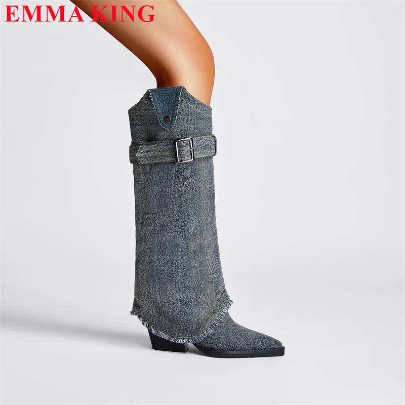 

Fashion Buckle Chunky High Heels Cowboy Boots Women Pointed Toe Belted Strapy Knee High Boots Long Women Boots Ladies Shoes 2023