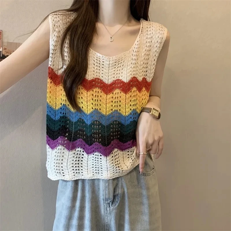 Yasuk 2023 Summer Female Casual T-Shirt Pullover Women's Loose Tees Gentle Sleeveless Vest Hollow Out Bohemian Stripes Rainbow
Yasuk 2023 Summer Female Casual T-Shirt Pullover Women's Loose Tees Gentle Sleeveless Vest Hollow Out Bohemian Stripes Rainbow