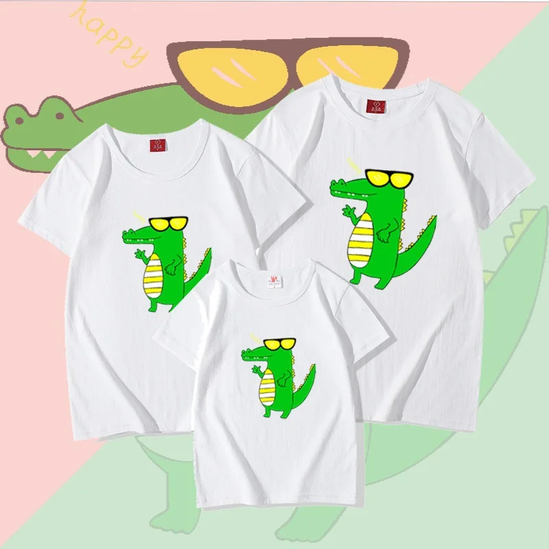 

White Cartoon T-shirt Dinosaur Summer Family of Three Parent-child Short-sleeved Loose Round Neck Half-sleeved Family mommy and