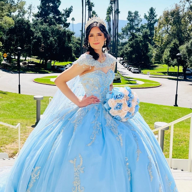 

Sky Blue Sweetheart Quinceanera Dresses Off Shoulder Ball Gown Ruffle Applique Beads With Cape Vestidos De 15 Años Sweet 16