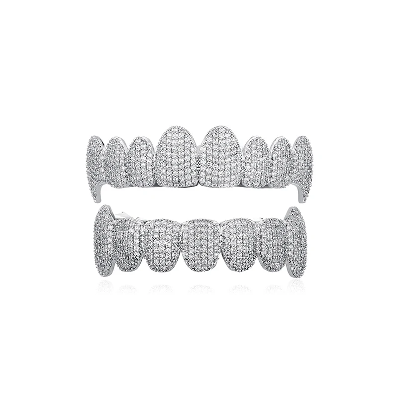 

Hip Hop Micro Pave Cubic Zirconia Bling Iced Out Fang Top Bottom teeth Grillz Dental Grills Gold Color Men CZ Rapper Jewelry