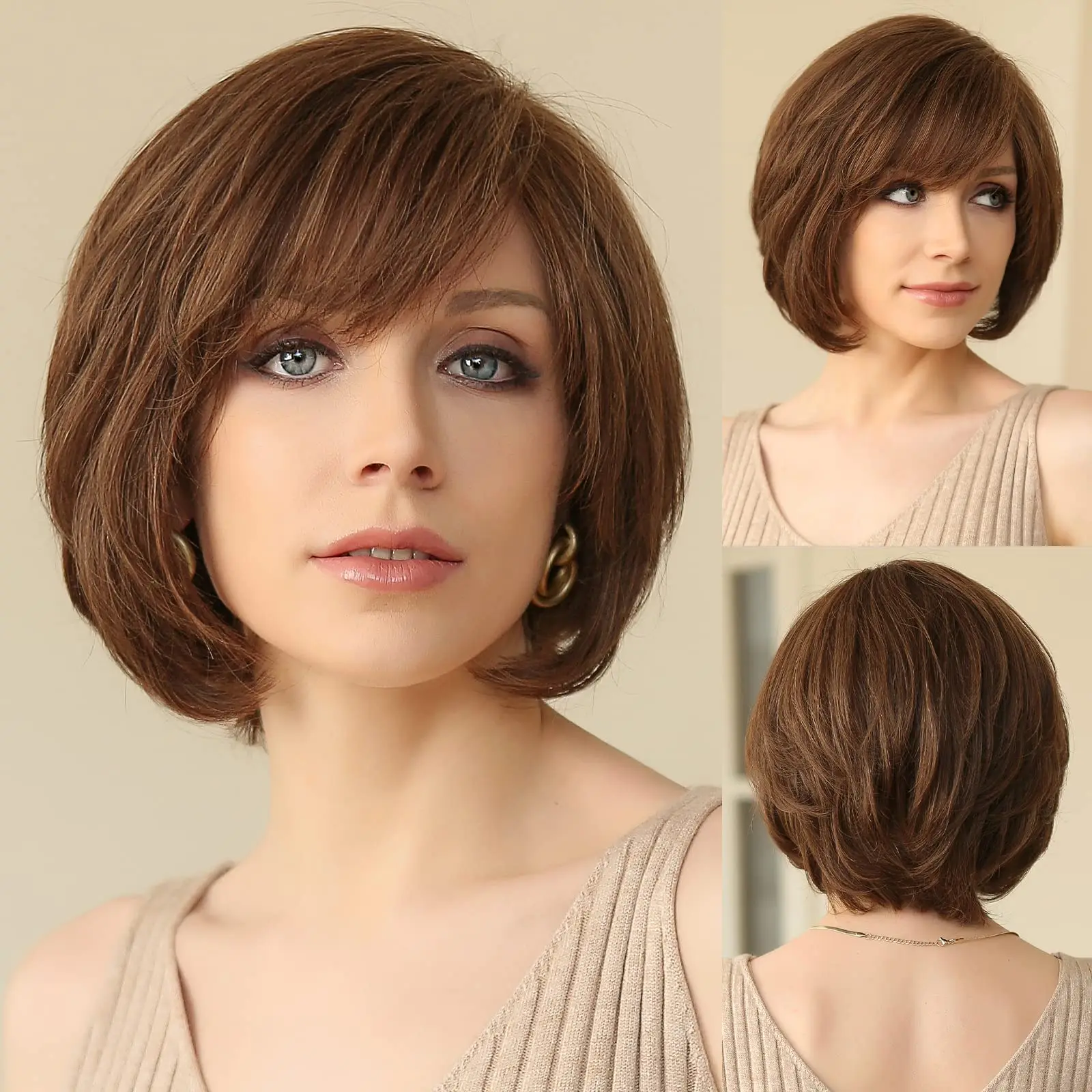 

Lace Frontal Remy Human Hair Wigs Natural Brown Short Wavy Layered Bob Wig with Bangs Human Hair Lace Wig for White Women Daily