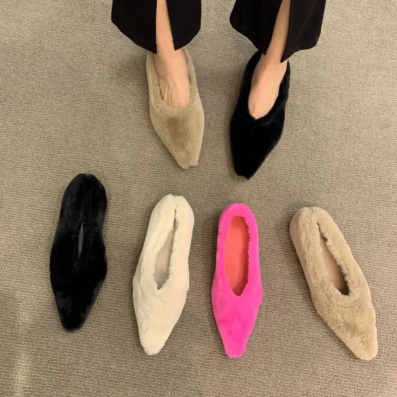 

Fashion Pointed Toe Fur Ballet Flats Woman Winter Warm Plush Shallow Loafers Ladies Concise Furry Solid Mocasines Dress Shoes