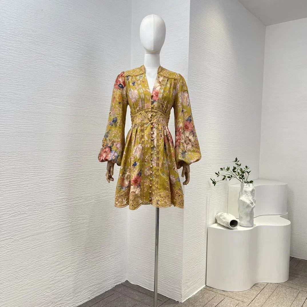 Floral Print Long Lantern Sleeve Hollow Out Mini Dress for Holiday 2024 New High Quality Kinen Mustard Women Clothing
Floral Print Long Lantern Sleeve Hollow Out Mini Dress for Holiday 2024 New High Quality Kinen Mustard Women Clothing