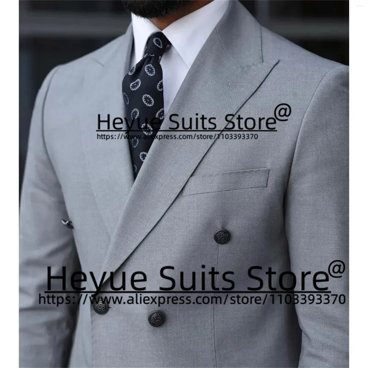 

Gray Double-breasted Wedding Suits For Men Slim Fit Peak Lapel Groom Formal Tuxedos 2Pcs Sets Business Male Blazer Costume Homme
