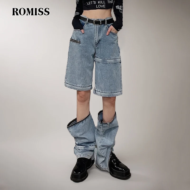 

ROMISS Solid Streetwear Patchwork Zipper Denim Pant For Women High Waist Spliced Pocket Minimalist Wide Leg Pants Female