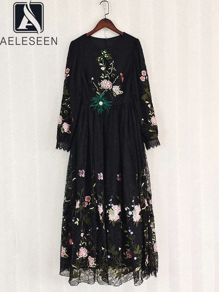 

AELESEEN Vintage Black Embroidery Dress Women Spring Flower Crystal Beading Feathers Butterfly Elegant Retro Long Party Female