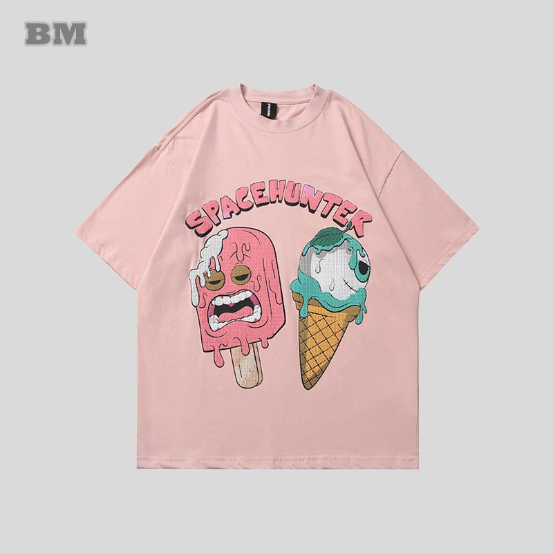 

2022 Korean Fashion Streetwear Fun Ice Cream Print T-shirts Hip Hop Couple Short Sleeves Unisex Summer Kpop Cotton Tops Tee