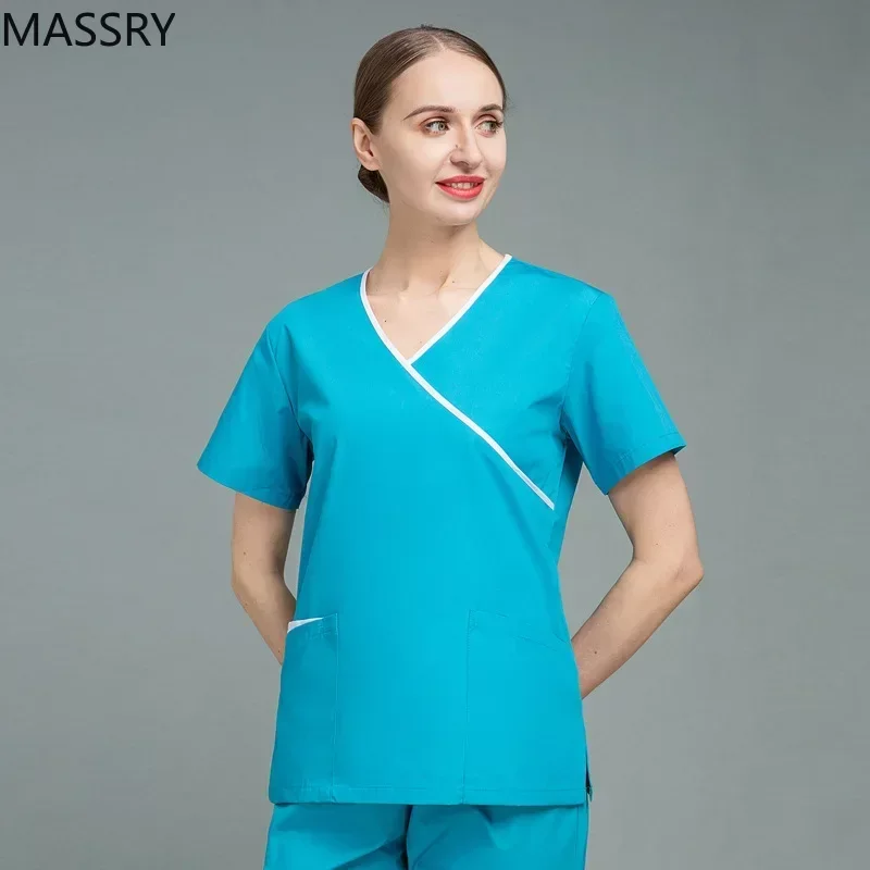 

세면복 Uniform Set Short Sleeve Nurse Workwear Beauty Salon Work Clothe Slim Fit Scrub Shirt Unisex Medical Nursing Uniform 위생복
