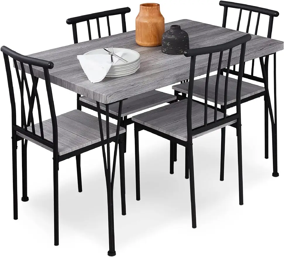 5pcs Metal and Wood Indoor Modern Rectangular Dining Table Furniture Set w/4 Chairs for Kitchen, Dining Room - Gray/Black/Brown
5pcs Metal and Wood Indoor Modern Rectangular Dining Table Furniture Set w/4 Chairs for Kitchen, Dining Room - Gray/Black/Brown
