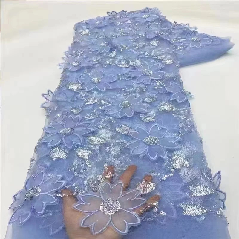 

2024 Высококачественная африканская 3D Цветочная вышивка из бисера, кружевная ткань ручной работы, французская Тюлевая кружевная ткань для свадебного платья ST