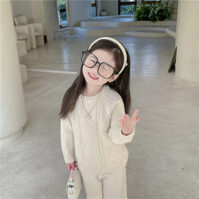 

Детский вязаный комплект из двух предметов, корейский свитер и кофта для девочек, весна 2024