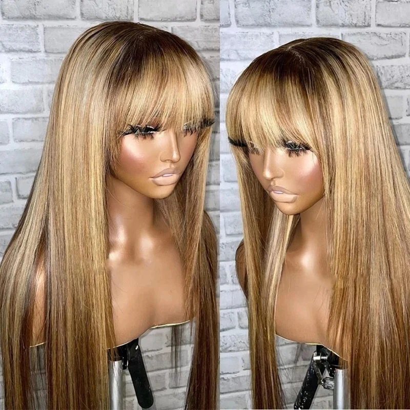 

Highlight Ombre Colored Straight 13x6 Lace Frontal Human Hair Wig With Bangs For Woman Remy Brazilian Boney Blonde Silk Top Wigs