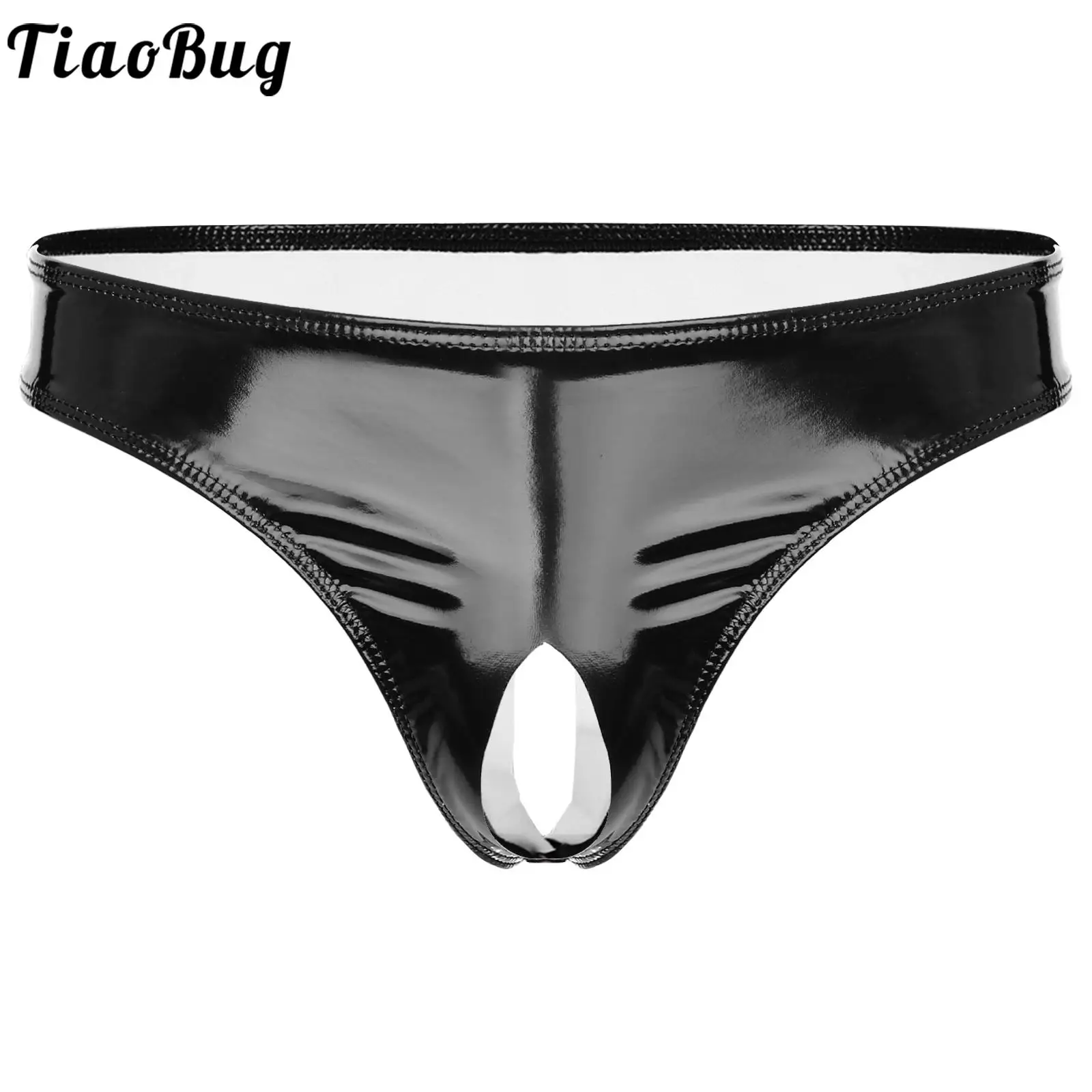 

Mens Latex Panties Wet Look Patent Leather Open Crotch Thong Low Rise High Cut Mini Briefs Underwear Club Performance Costume