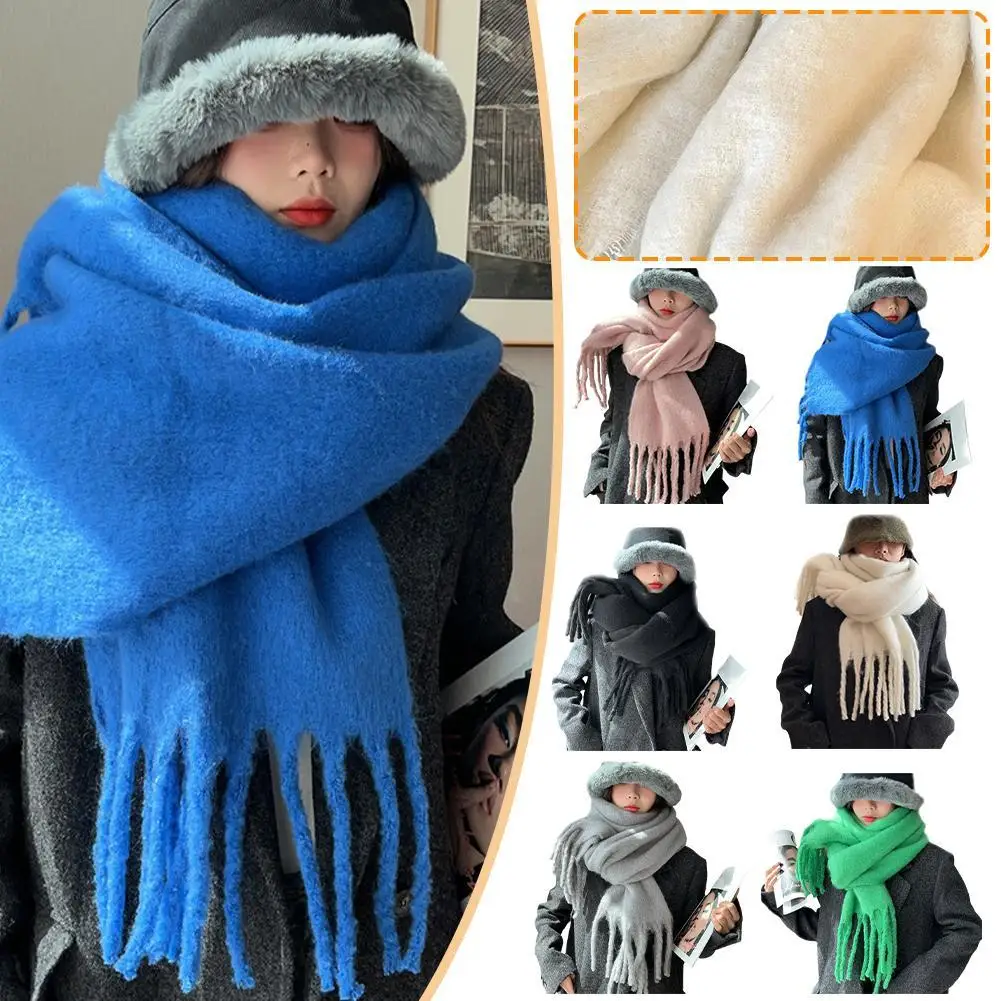 

Luxury Cashmere Scarf Classic Tassels Fluffy Scarf Solid Color Soft Shawl Thickened Warm Large Scarves Versatile Shawl Women