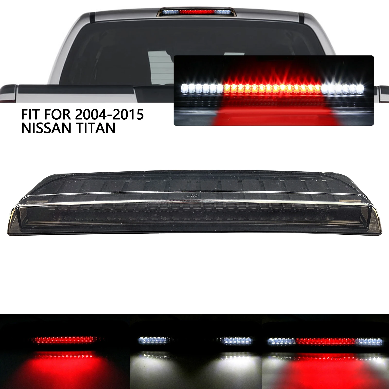 For 2004-2015 NISSAN TITAN FRONTIER Transparent Cover Black Bottom Red Light 12X White Light + 14X Red Light 3rd Brake Light
For 2004-2015 NISSAN TITAN FRONTIER Transparent Cover Black Bottom Red Light 12X White Light + 14X Red Light 3rd Brake Light