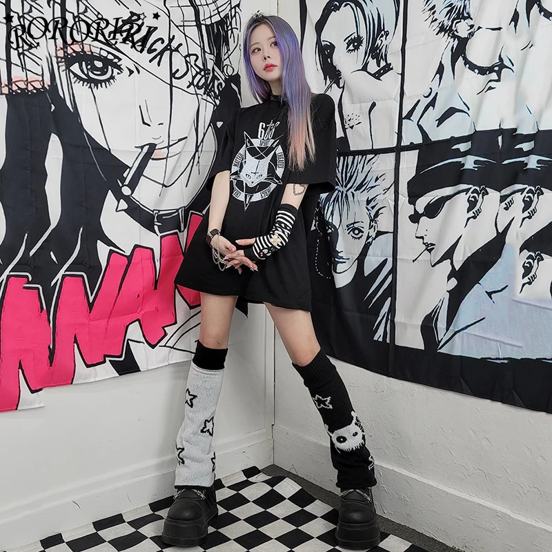 

RORORIRI Reversible Skull Star Women's Knit Leg Warmers Cute Jk Lolita Gothic Boots Cover Knee Long Socks Acubi Fashion Clothes