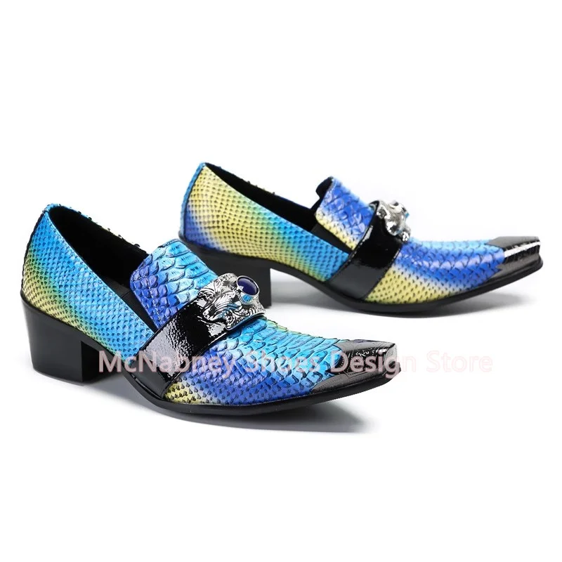 

Mixed Color Snakeskin Pattern Metal Square Toe Men's Leisure Shoes Fashion Gem Decor Shallow Slip-On Male Loafers Dress Oxfords