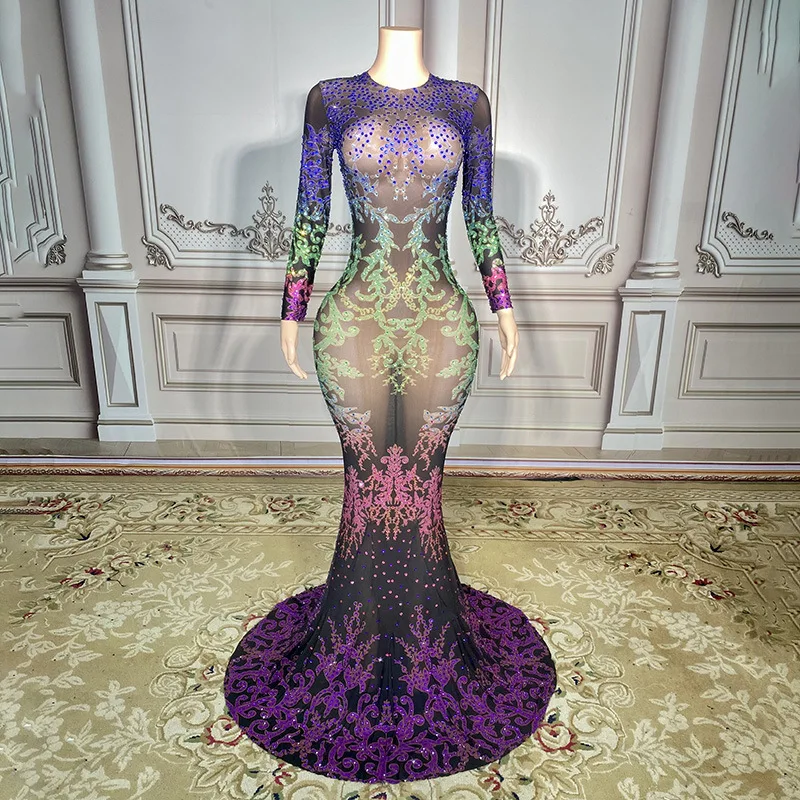 Sparkly Rhinestones Mesh Transparent Long Sleeve Floor-length Dress Women Sexy Birthday Celebrate Evening Prom Photo Shoot Dress
Sparkly Rhinestones Mesh Transparent Long Sleeve Floor-length Dress Women Sexy Birthday Celebrate Evening Prom Photo Shoot Dress