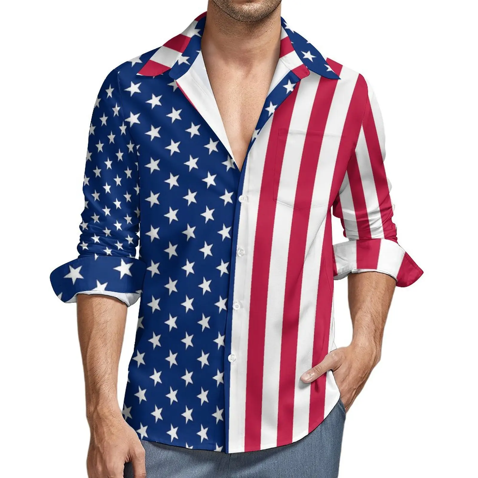 

Patriotic USA Flag Casual Shirts Stars Stripes Vintage Shirt Autumn Streetwear Oversized Blouses Man Long Sleeve Custom Clothing