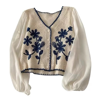 Descubra o Protetor Solar Feminino Xpqbb: Proteção Elegante para o Verão 12 Women Casual V-Neck Button Down Cropped Cardigan Puff Long Sleeve Elegant Embroidery Floral for JACKET Cover Up Blouse