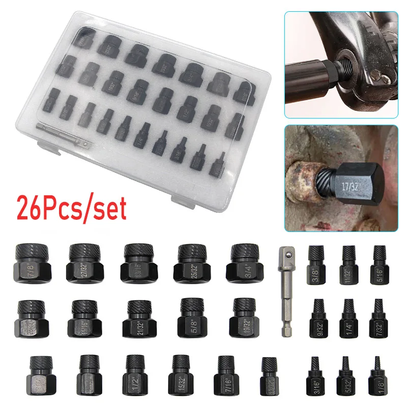 

26Pcs/Case Damaged Screw Extractor Impact Bolt & Nut Remover Drill Stripped Single Head Broken Disassemble Bolt Demolition Tools