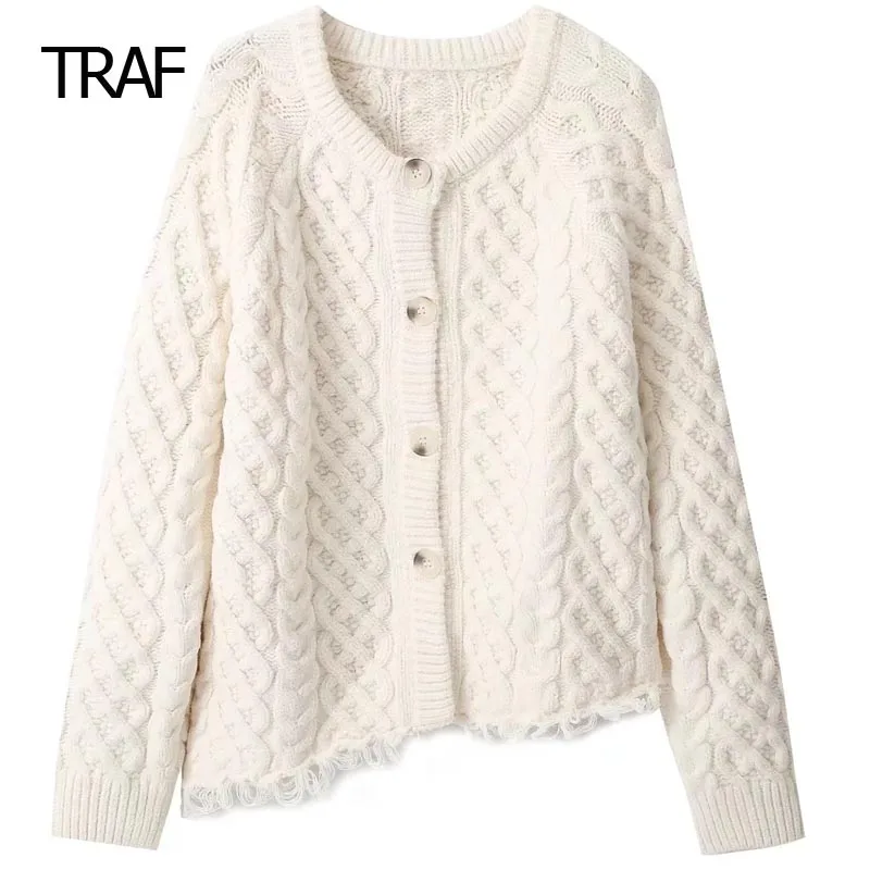 

TRAF Asymmetric Cropped Cardigan Women's Sweater Autumn Winter Knitted V-Neck Long Sleeve Top Elegant Luxury Designer Knitwears