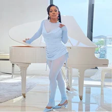 2022 Spring Fall Solid Two Piece Set Women's Costumes Sheer Mesh Ruched Drawstring T-shirt and See Through Stacked Legging Suits
2022 Spring Fall Solid Two Piece Set Women's Costumes Sheer Mesh Ruched Drawstring T-shirt and See Through Stacked Legging Suits