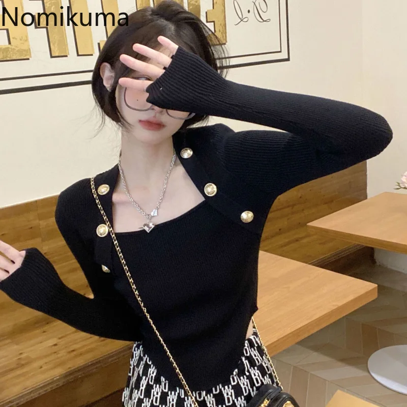 

Cropped Pullovers for Women Square Collar Tunic Double Breasted Fashion Jumper Sueter Mujer Casual Knitted Sweater Y2k Tops