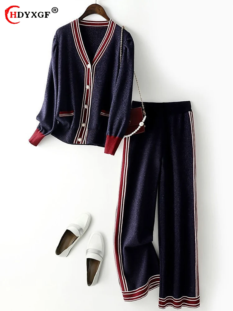 V-neck Slim Pearl Single Breasted Knit Cardigan Suits Women Elegant Side Stripes Knitwear Wide Leg Capris Pants 2 Piece Sets New
V-neck Slim Pearl Single Breasted Knit Cardigan Suits Women Elegant Side Stripes Knitwear Wide Leg Capris Pants 2 Piece Sets New