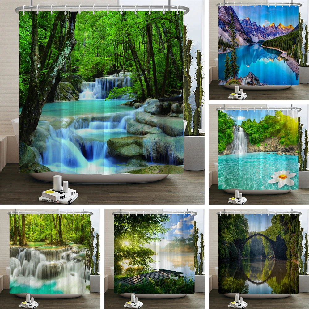 

Natural Scenery Shower Curtain Set Forest Waterfall Spring Landscape Home Bathtub Decor Waterproof Polyester Bathroom Curtains